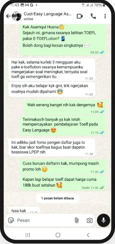 Screenshot percakapan WhatsApp dengan pengguna Easy Academy