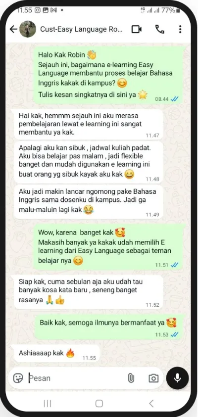 Screenshot percakapan WhatsApp dengan pengguna Easy Academy